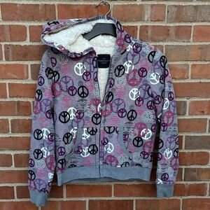 EUC Sz XL (14/16) Kids fleece lined hoodie Jacket with Peace Sign Pattern